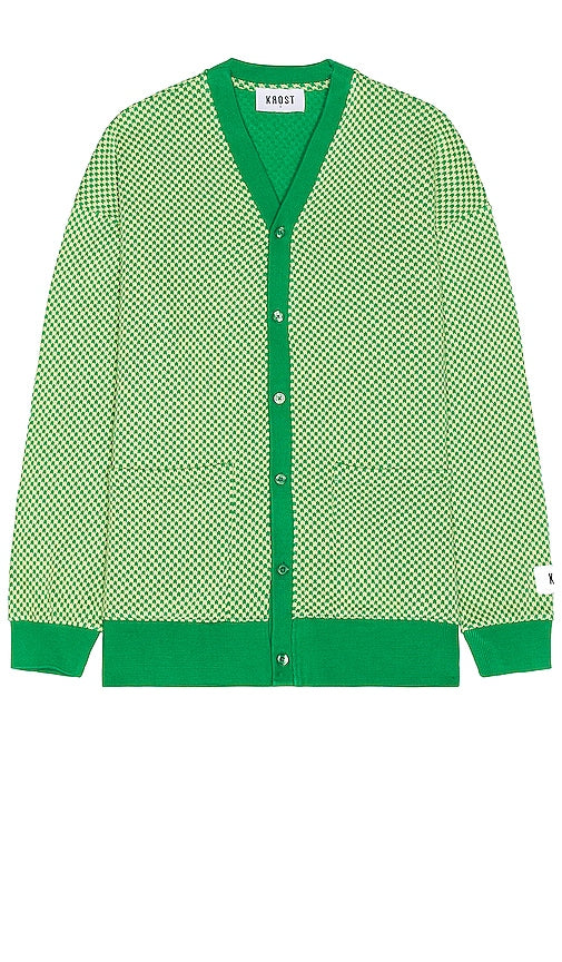 KROST Chevron Jacquard Cardigan in Green - Cardigan KROST en jacquard à chevrons en vert - KROST 绿色 V 形提花开衫 - KROST Chevron-Jacquard-Cardigan in Grün - KROST 쉐브론 자카드 가디건 - Cardigan jacquard KROST Chevron in verde