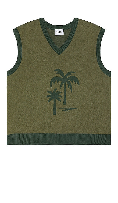 KROST Palm Tree Sweater Vest in Green - KROST Palmier Pull Gilet en Vert - KROST 绿色棕榈树毛衣背心 - KROST Palm Tree Pulloverweste in Grün - KROST 팜트리 스웨터 베스트 - Gilet maglione con palma KROST in verde
