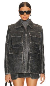 KULAKOVSKY Leather Bomber Jacket With Pockets in Charcoal