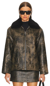 KULAKOVSKY Oversized Leather Bomber Jacket in Brown