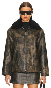 KULAKOVSKY Oversized Leather Bomber Jacket in Brown