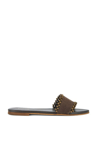 Kaanas Cala Asymmetric Linen Slide in Brown | Chocolate Slides for Women