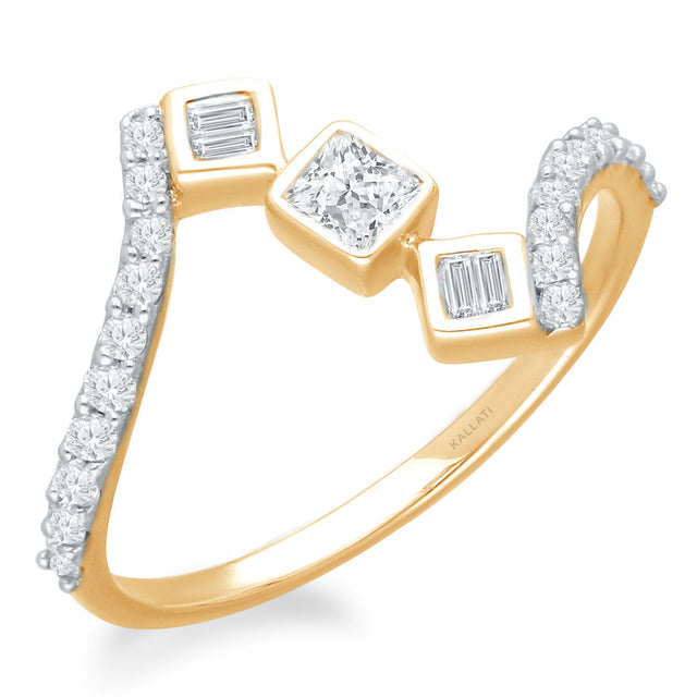 Kallati 1/2ctw Princess, Baguette, and Round Diamond Yellow Gold Bypass Ring