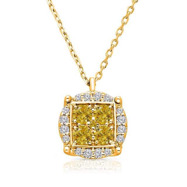 Kallati 5/8ctw Fancy Yellow Diamond Cluster Diamond Halo Yellow Gold Pendant Necklace