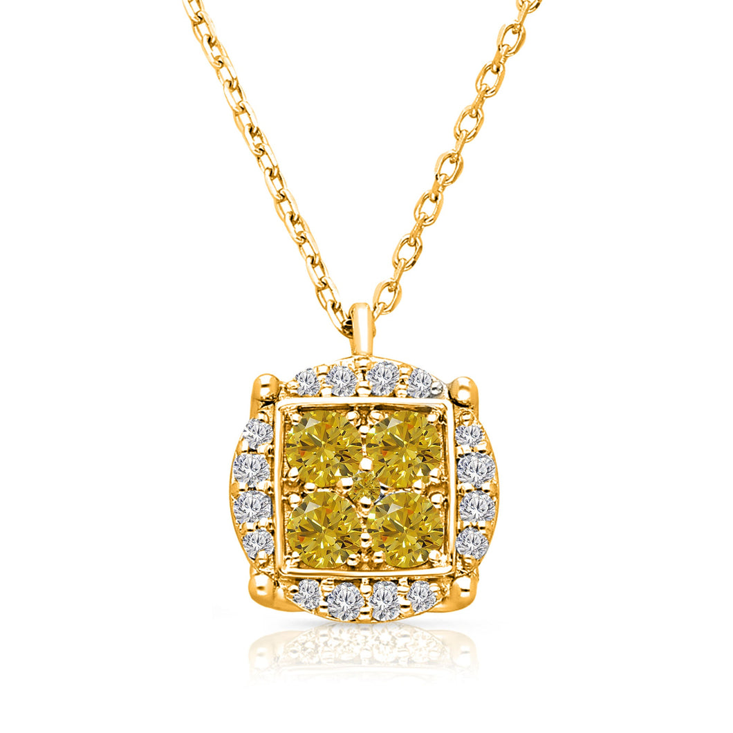 Kallati 5/8ctw Fancy Yellow Diamond Cluster Diamond Halo Yellow Gold Pendant Necklace