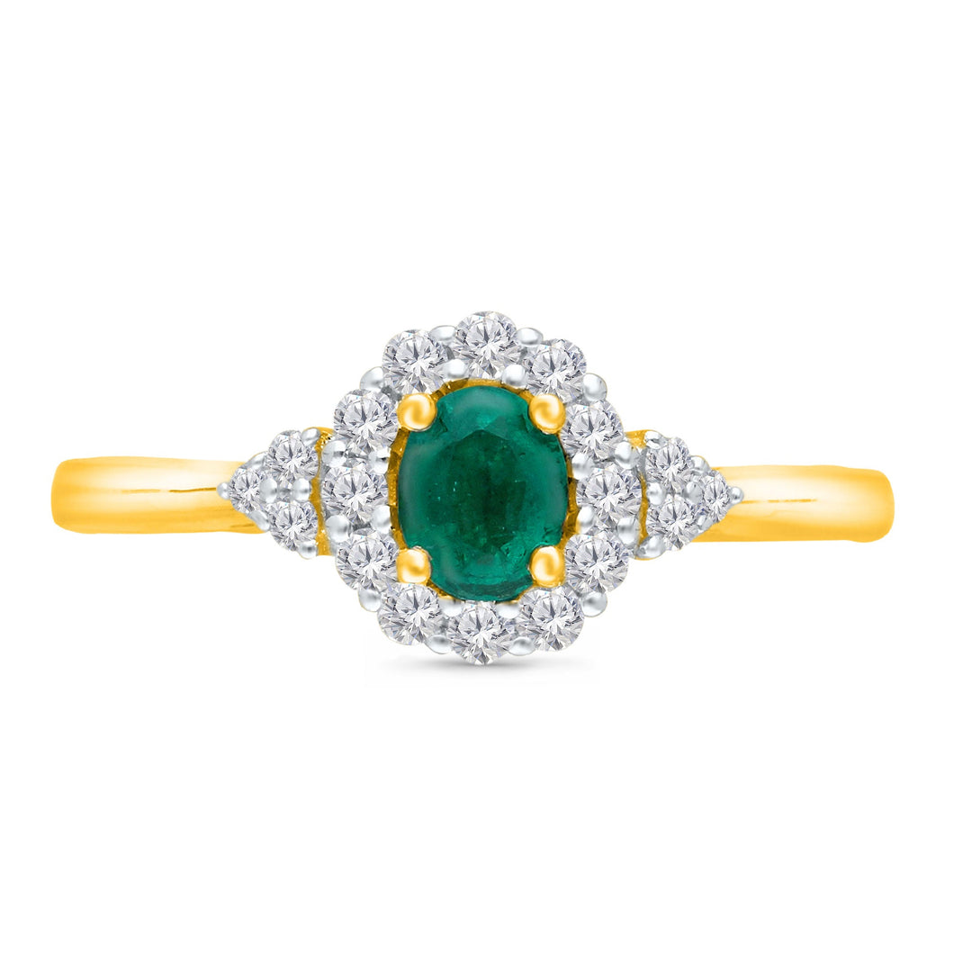 Kallati Emerald and 1/4ctw Diamond Halo Yellow Gold Ring