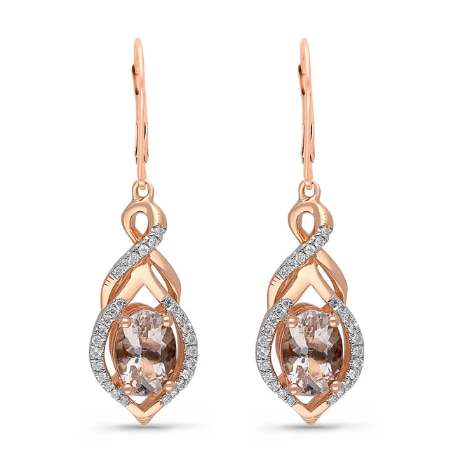 Kallati Oval Morganite and Diamond Swirl Drop Earrings 1/6ctw