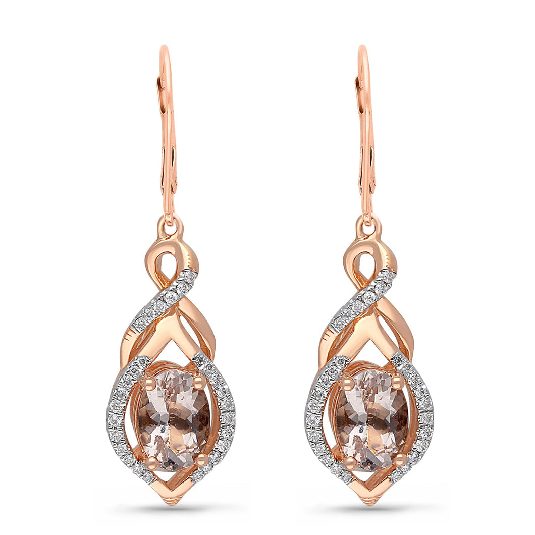Kallati Oval Morganite and Diamond Swirl Drop Earrings 1/6ctw