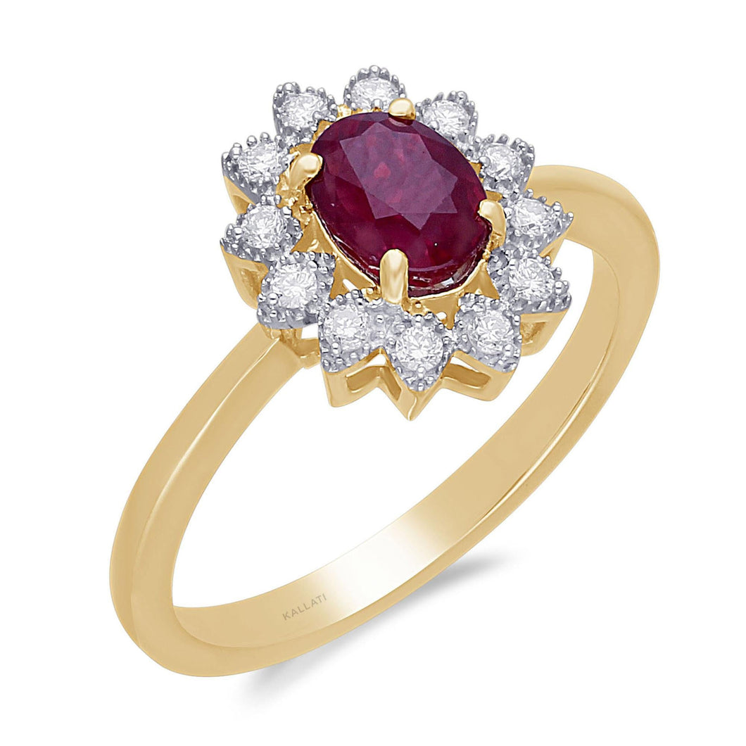 Kallati Oval Ruby and Diamond Flower Ring 1/8ctw