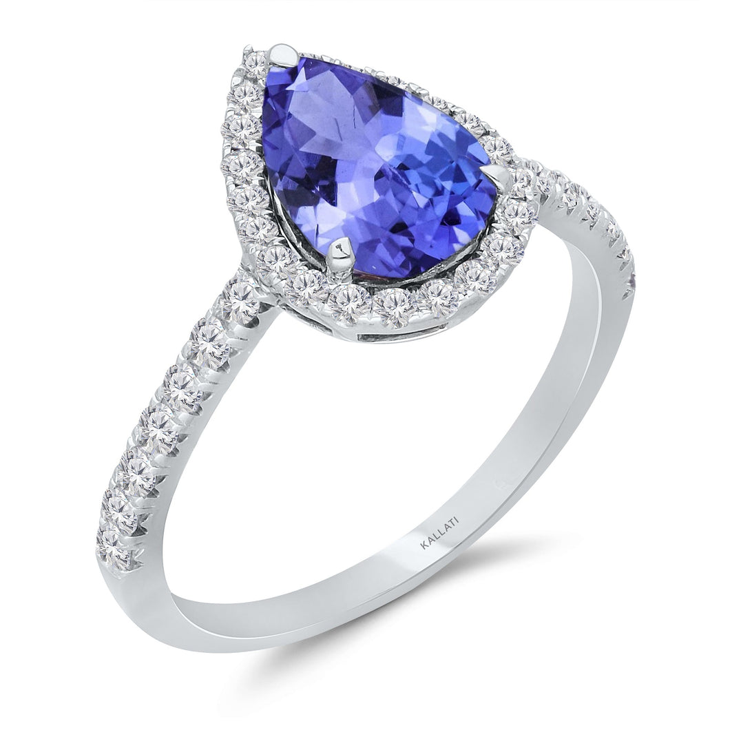 Kallati Pear Tanzanite and 1/2ctw Diamond Halo White Gold Ring