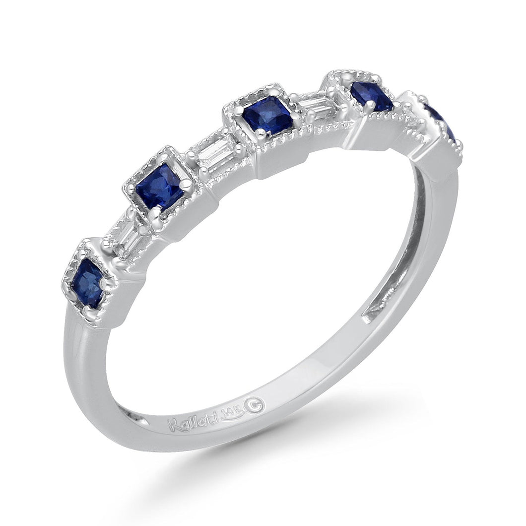 Kallati Princess Blue Sapphire and 1/15ctw Baguette Diamond White Gold Band