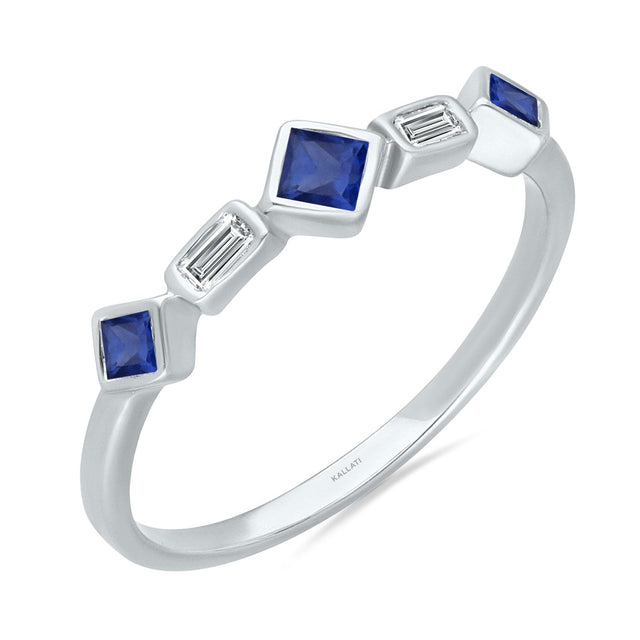 Kallati Princess Blue Sapphire and 1/20ctw Baguette Diamond White Gold Band