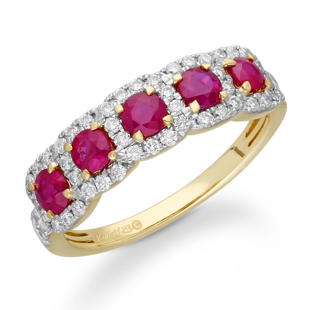 Kallati Ruby and 1/2ctw Diamond Halo Yellow Gold Band