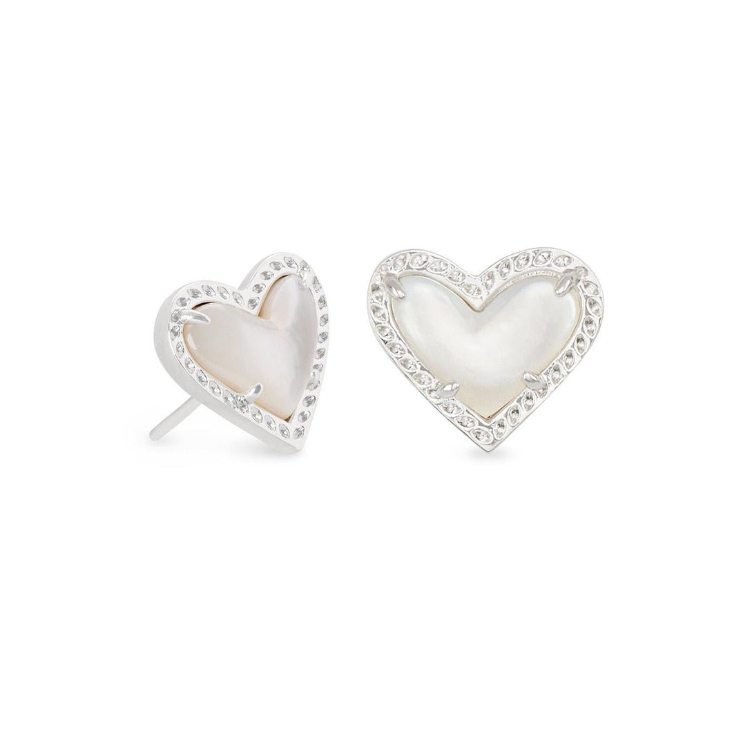 Kendra Scott Ari Heart Stud Earrings in Ivory Mother-of-Pearl, Rhodium-Plated