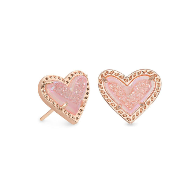 Kendra Scott Ari Heart Stud Earrings in Pink Drusy, Rose Gold-Plated