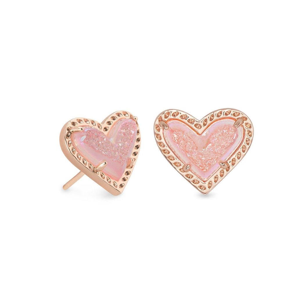 Kendra Scott Ari Heart Stud Earrings in Pink Drusy, Rose Gold-Plated