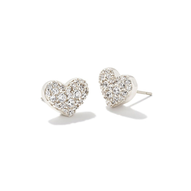 Kendra Scott Ari Pave Crystal Heart Earrings in White Crystal, Rhodium-Plated