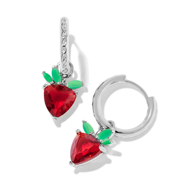 Kendra Scott Strawberry Huggie Earrings in Red Crystal, Rhodium-Plated