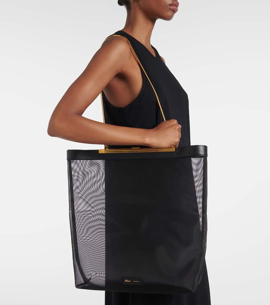 Khaite Augusta leather-trimmed mesh shopper