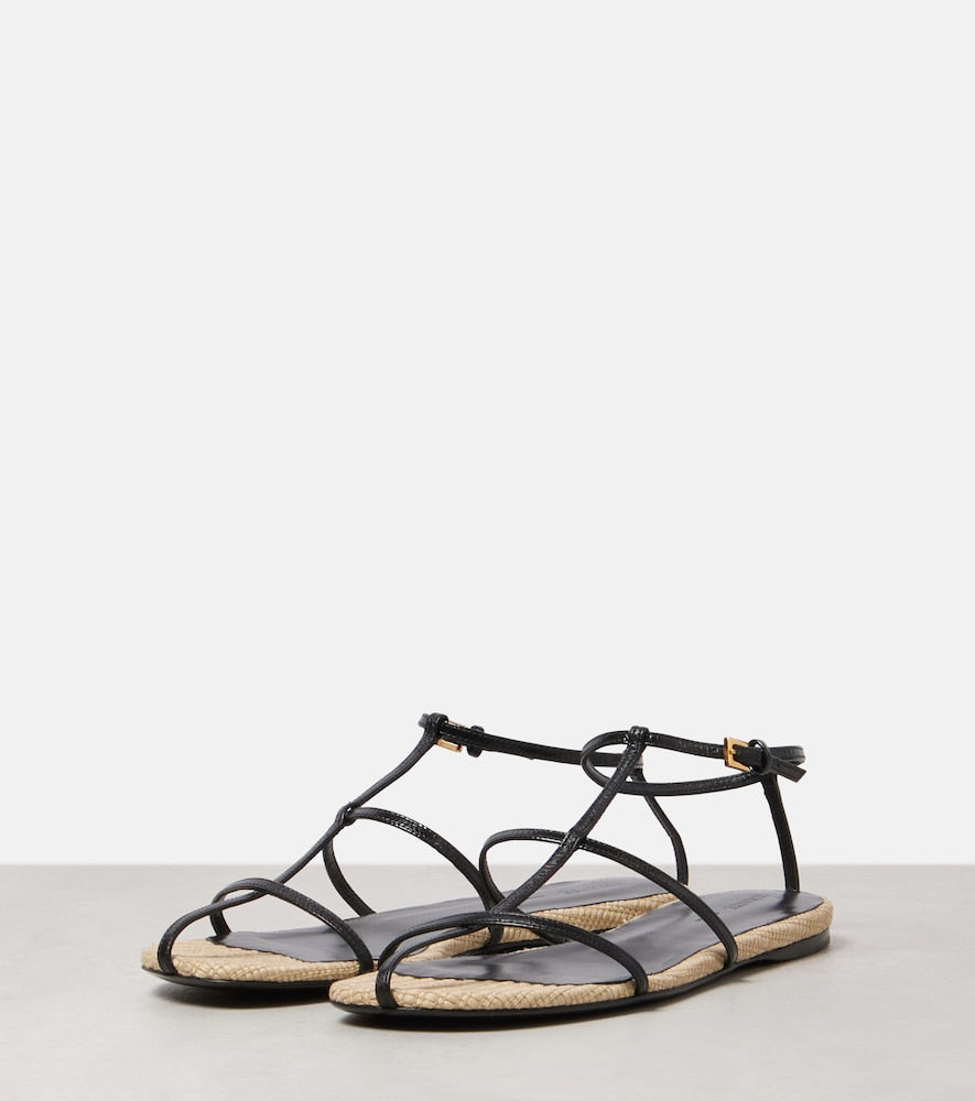 Khaite Cage leather raffia-trimmed sandals - Black Flat Sandals
