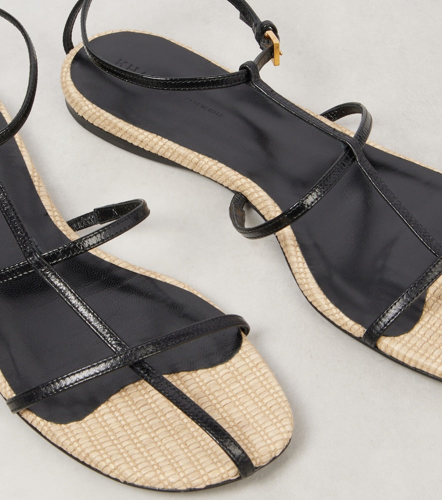 Khaite Cage leather raffia-trimmed sandals - Black Flat Sandals