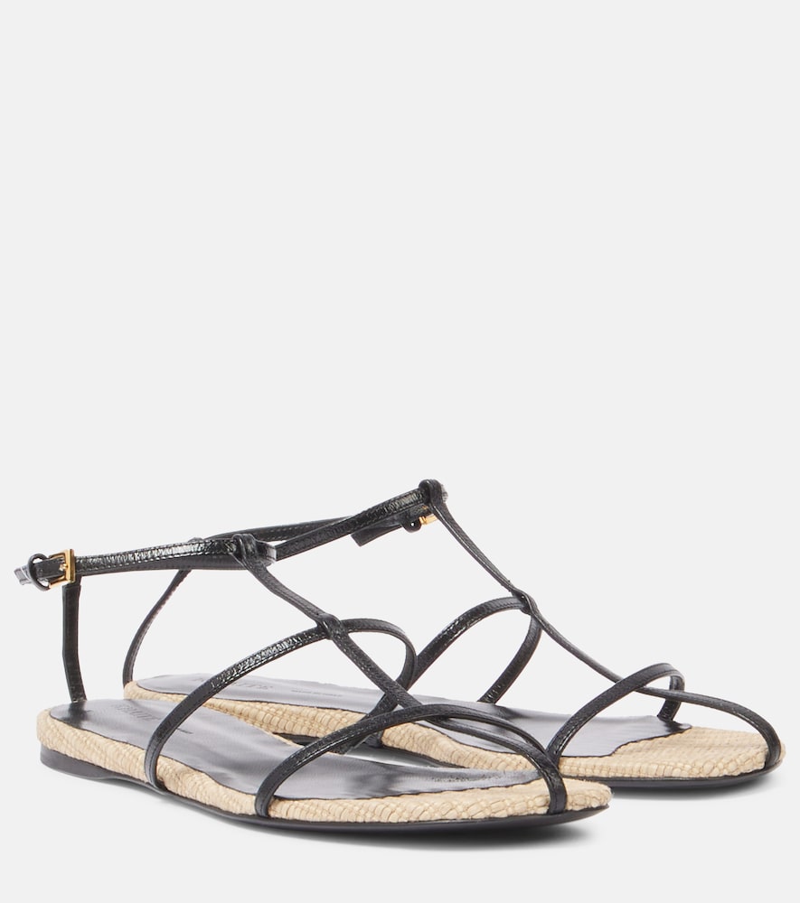 Khaite Cage leather raffia-trimmed sandals - Black Flat Sandals