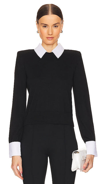 L'AGENCE April Poplin Collar Pullover in Black - L'AGENCE April Pull à col en popeline noir - L'AGENCE April 黑色府绸领套头衫 - L'AGENCE April Pullover mit Popeline-Kragen in Schwarz - L'AGENCE 에이프릴 포플린 칼라 풀오버 블랙 색상 - Pullover con colletto in popeline April L'AGENCE in nero