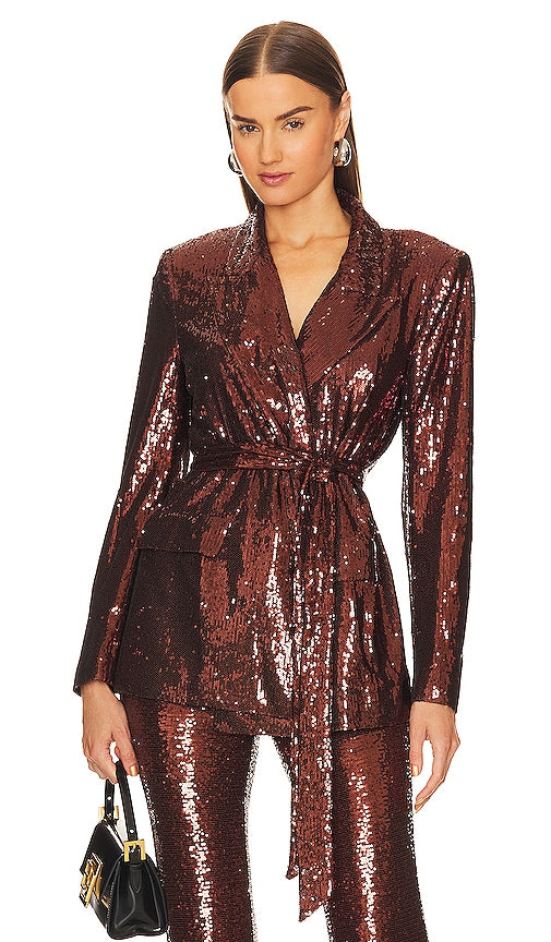 L'AGENCE Jordana Wrap Belted Blazer in Metallic Bronze - L'AGENCE Jordana - Blazer portefeuille à ceinture en bronze métallisé - L'AGENCE Jordana 金属古铜色裹身束带西装外套 - L'AGENCE Jordana Blazer mit Wickelgürtel in Metallic-Bronze - L'AGENCE Jordana 랩 벨티드 블레이저 메탈릭 브론즈 색상 - Blazer L'AGENCE Jordana con cintura avvolgente in bronzo metallizzato