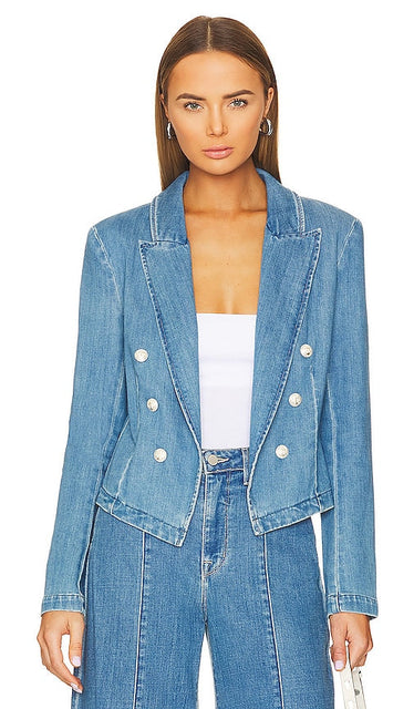 L'AGENCE Wayne Crop Double Breast Jacket in Denim-Medium