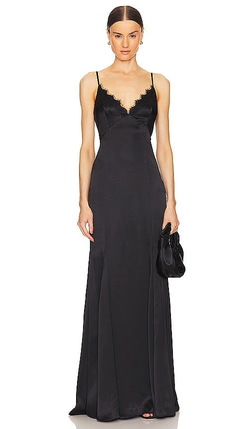 L'AGENCE Zanna Lace Trim Gown in Black - L'AGENCE Zanna - Robe à bordure en dentelle noire - L'AGENCE Zanna 黑色蕾丝边礼服 - L'AGENCE Zanna Kleid mit Spitzenbesatz in Schwarz - L'AGENCE Zanna 레이스 트림 가운블랙 색상 - Abito L'AGENCE Zanna con finiture in pizzo nero