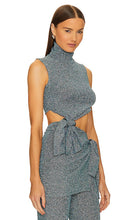 L'Academie Metallic Knit Knotted Tunic Top in Blue