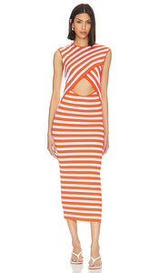 L'Academie Tina Striped Midi Dress in Orange - L'Academie - Robe mi-longue rayée Tina en orange - L'Academie Tina 橙色条纹中长连衣裙 - Gestreiftes Midikleid „Tina“ von L'Academie in Orange - L'Academie Tina 스트라이프 미디 드레스 - Abito midi a righe L'Academie Tina in arancione