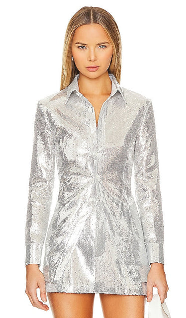 LEJE Sequin Shirt in Metallic Silver - Chemise à sequins LEJE en argent métallisé - LEJE 金属银亮片衬衫 - LEJE Paillettenhemd in Metallic-Silber - LEJE 스팽글 셔츠 - Camicia LEJE con paillettes in argento metallizzato
