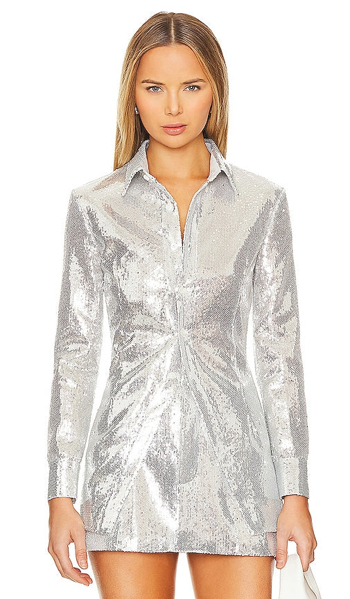 LEJE Sequin Shirt in Metallic Silver - Chemise à sequins LEJE en argent métallisé - LEJE 金属银亮片衬衫 - LEJE Paillettenhemd in Metallic-Silber - LEJE 스팽글 셔츠 - Camicia LEJE con paillettes in argento metallizzato