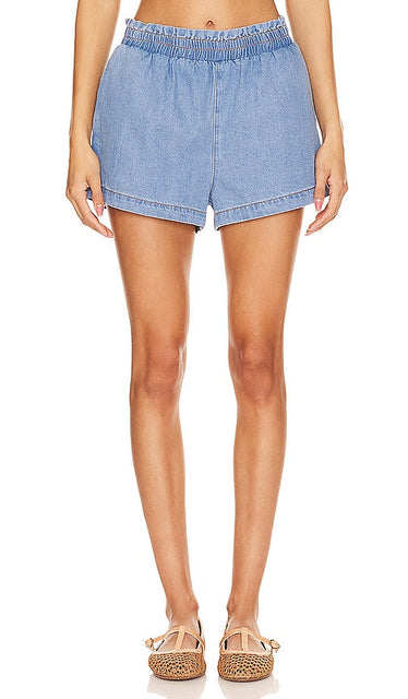 LNA Jo Chambray Short in Blue - LNA Jo Chambray Short en Bleu - LNA Jo 蓝色钱布雷短裤 - LNA Jo Chambray Short in Blau - LNA Jo 샴브레이 쇼츠 블루 색상 - Pantaloncini LNA Jo Chambray in blu