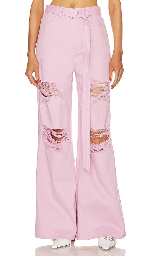 Lapointe Stretch Cotton Twill Distressed High Waist Jean in Pink - Jean taille haute Lapointe en sergé de coton extensible d'aspect vieilli, rose - Lapointe 弹力棉质斜纹仿旧高腰牛仔裤（粉色） - Lapointe Stretch-Baumwolltwill-Jeans mit hoher Taille in Distressed-Optik in Rosa - Lapointe 스트레치 코튼 트윌 디스트레스드 하이웨이스트 진 핑크 색상 - Jeans Lapointe a vita alta effetto vissuto in twill di cotone elasticizzato in rosa