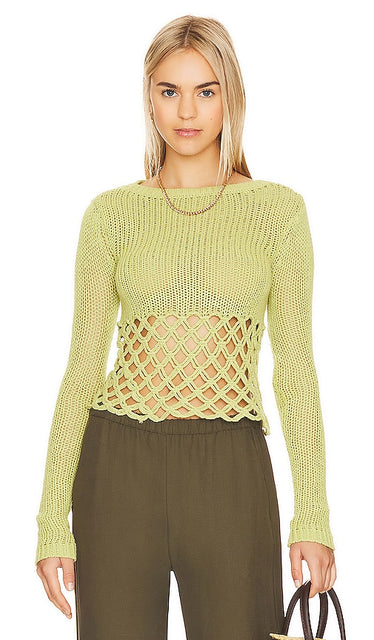 Lovers and Friends Clara Cropped Fishnet Pullover in Green - Lovers and Friends Clara - Pull court en résille vert - Lovers and Friends Clara 绿色短款渔网套头衫 - Lovers and Friends Clara Kurzer Netzpullover in Grün - Lovers and Friends Clara 크롭 피쉬넷 풀오버 그린 컬러 - Lovers and Friends Pullover a rete corto Clara in verde