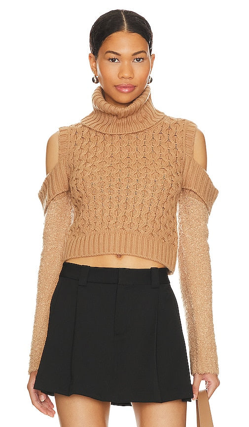 Lovers and Friends Analise Cold Shoulder Sweater in Tan - Lovers and Friends - Analise - Pull à épaules dénudées - Fauve - Lovers and Friends Analise 黄褐色露肩毛衣 - Lovers and Friends Analise Cold Shoulder Pullover in Hellbraun - Lovers and Friends Analise 콜드 숄더 스웨터 탠 색상 - Amanti e amici analizzano il maglione con spalle scoperte in marrone chiaro