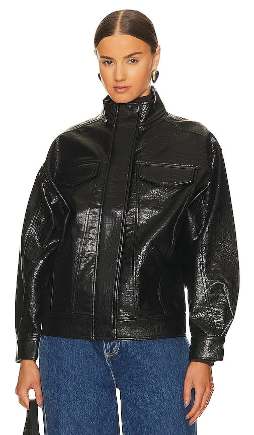 LPA Halle Faux Leather Bomber Jacket in Black