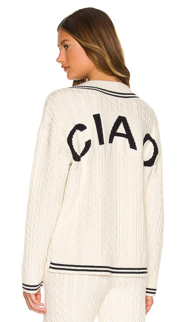 LPA Ciao Cable V Neck Sweater in Ivory - LPA Ciao - Pull torsadé à col en V en ivoire - LPA Ciao 象牙色绞花 V 领毛衣 - LPA Ciao Zopfpullover mit V-Ausschnitt in Elfenbein - LPA Ciao 케이블 V넥 스웨터 아이보리 색상 - Maglione con scollo a V a trecce LPA Ciao in avorio