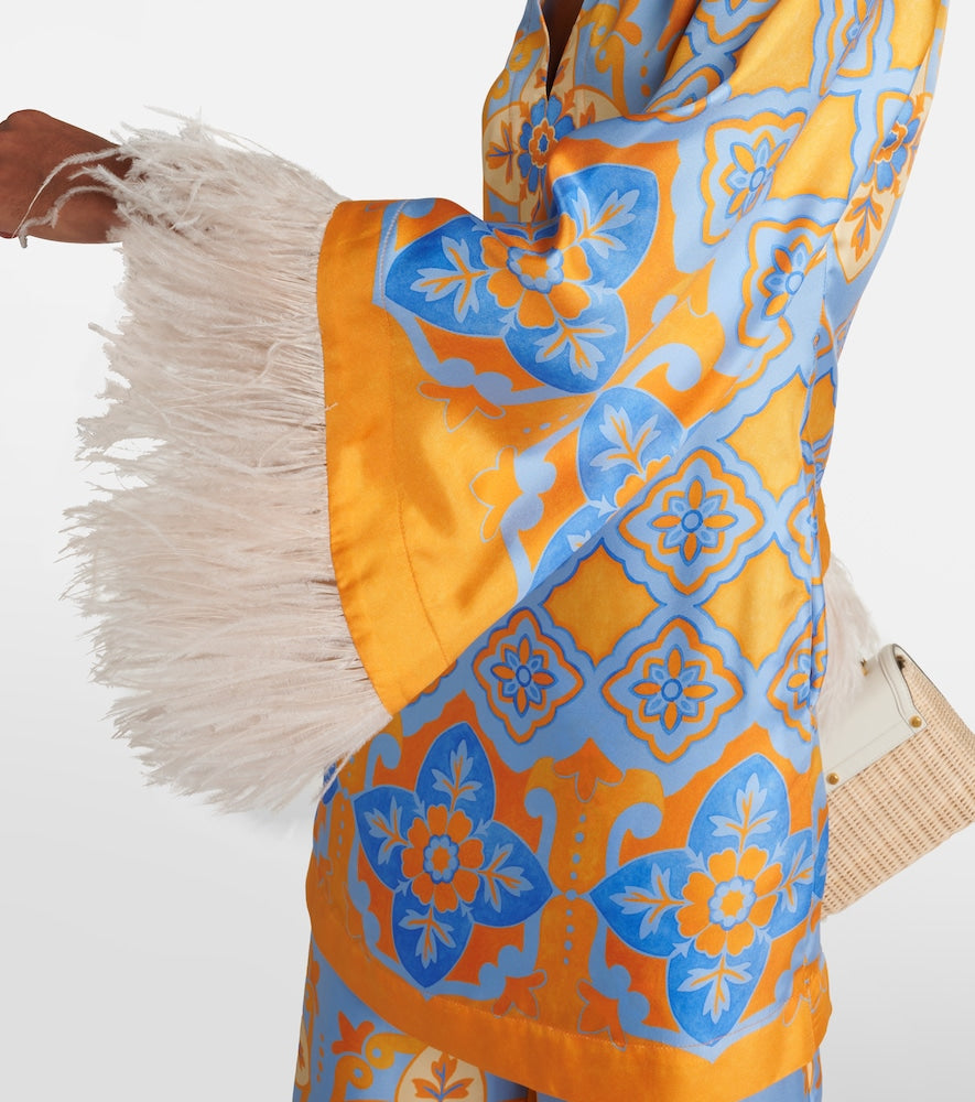 La DoubleJ Printed feather-trimmed silk minidress