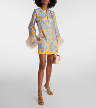La DoubleJ Printed feather-trimmed silk minidress