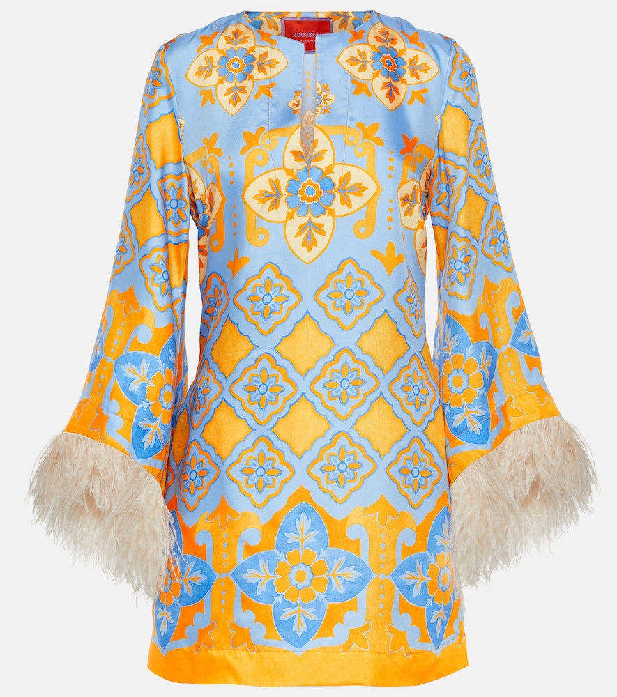 La DoubleJ Printed feather-trimmed silk minidress. La DoubleJ 印花羽毛饰边真丝迷你连衣裙