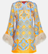 La DoubleJ Printed feather-trimmed silk minidress. La DoubleJ 印花羽毛饰边真丝迷你连衣裙