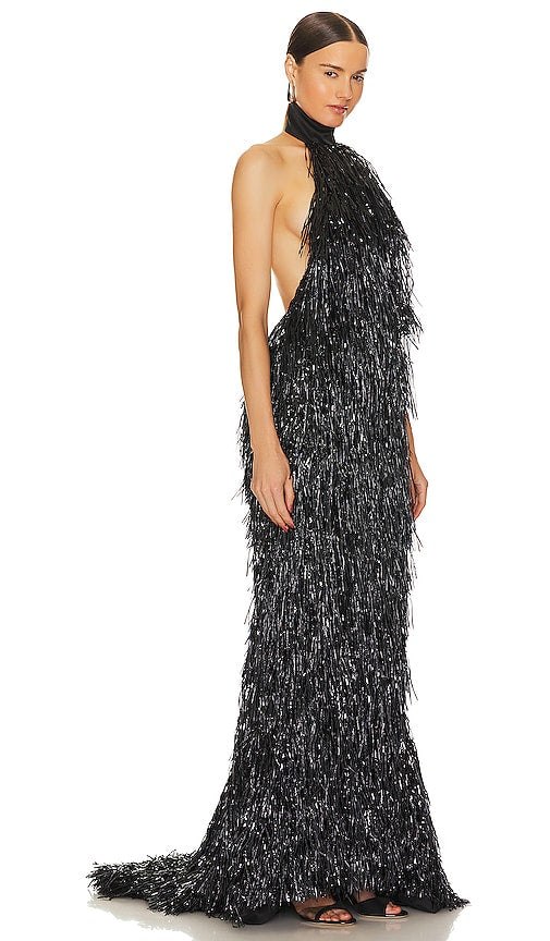 LaQuan Smith Mock Neck Halter Fringe Gown in Black