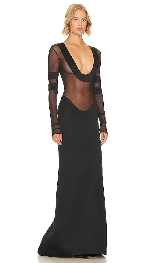 LaQuan Smith Scoop Neck Gown With Satin Trim in Black