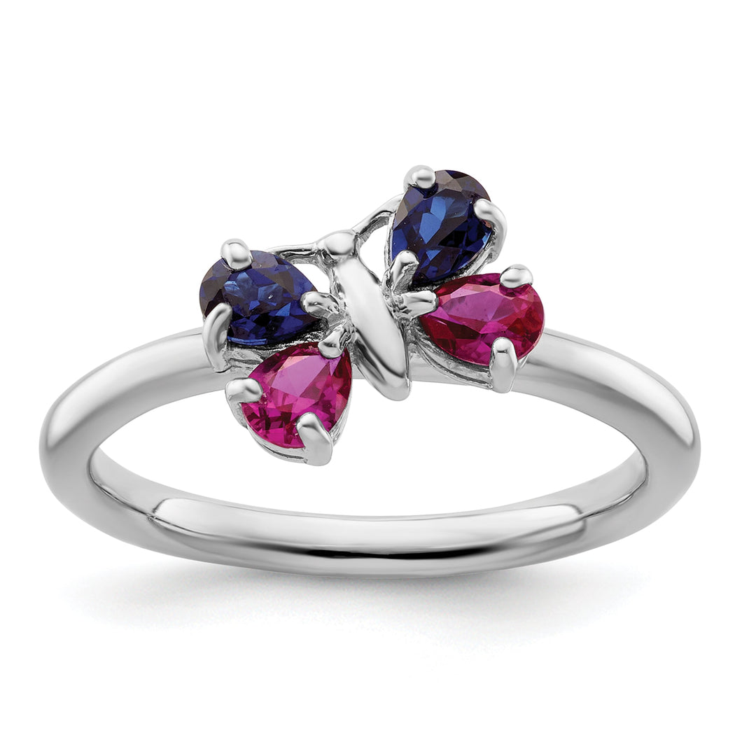 Lab Created Ruby and Lab Created Sapphire Butterfly Sterling Silver Stackable Ring | Size 10