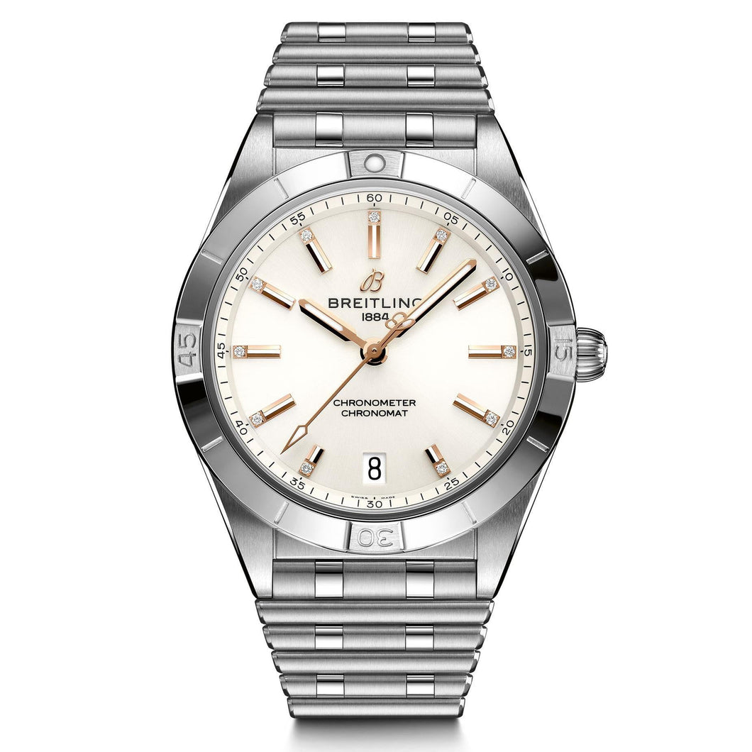 Ladies' Breitling Chronomat Automatic 36 White and Diamond Dial Stainless Steel Watch A10380101A2A1
