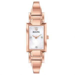Ladies' Bulova Classic Diamond Accent Rose Gold-Tone Stainless Steel Half-Bangle Watch | 18x33mm | 97P142