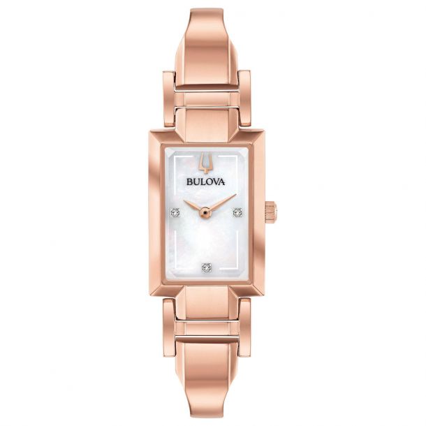 Ladies' Bulova Classic Diamond Accent Rose Gold-Tone Stainless Steel Half-Bangle Watch | 18x33mm | 97P142